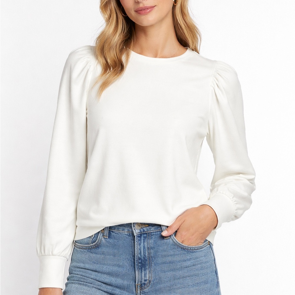 Magaschoni White Modal Puff Sleeve Top Womens L NWT Soft Stretch Blouse MSRP $58